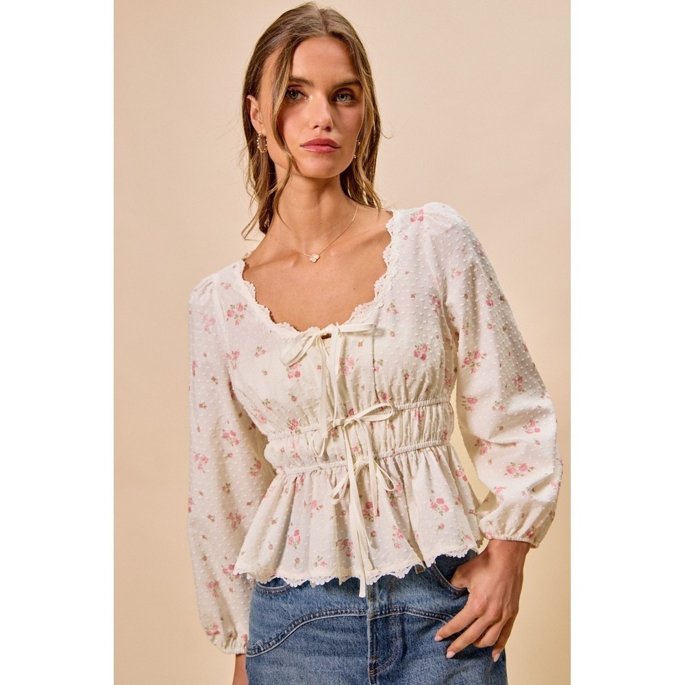 SO ME Floral Clip Dot Lace Trim Ruched Bodice Blouse - White - Medium - Picture 1 of 16
